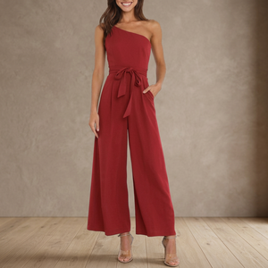 Combinaison décontractée élégante pour femme, couleur unie, asymétrique à une épaule, avec nœud, taille haute et poches, collection été 2023 - Product Image 3