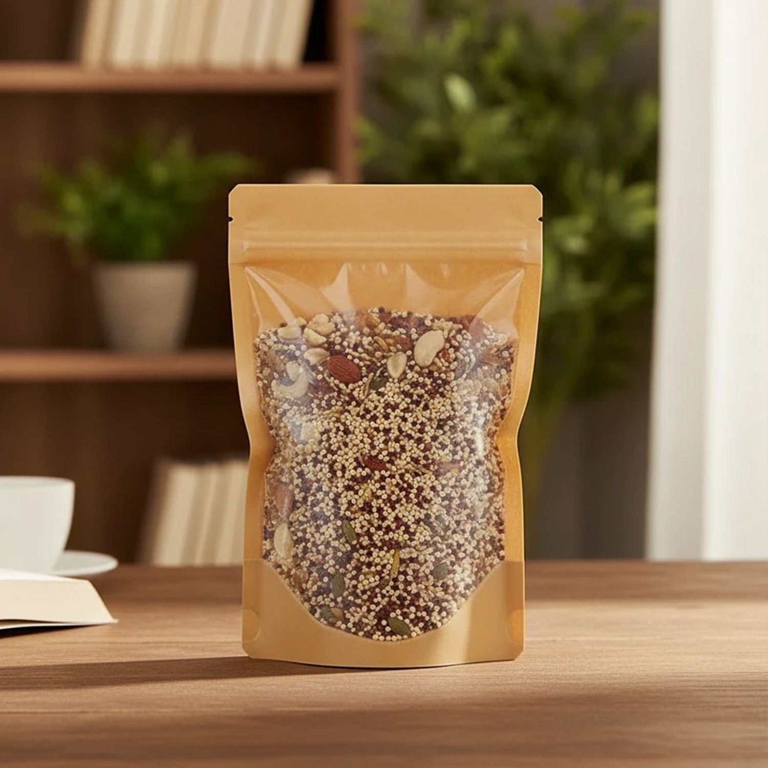 12*20+4cm Brown Kraft Eco-Friendly Stand Pouch One Side Clear Window Resealable Bag Zipper Paper Food Packaging for Sushi Home