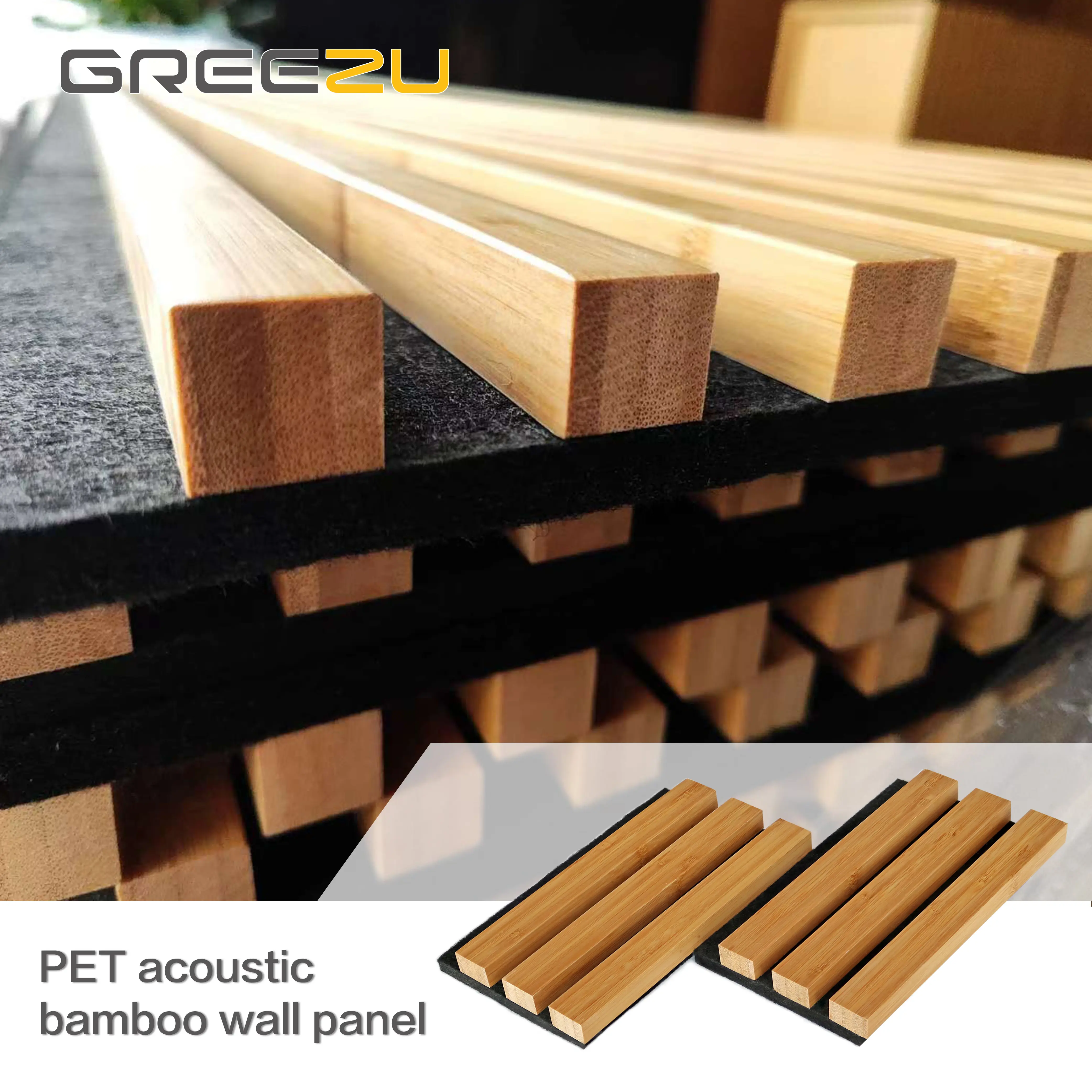 Greezu Direct fábrica Parede e teto insonorizados bambu ripas Laminado PET bambu madeira painel acústico
