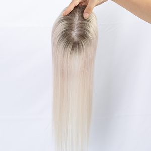 Topper de cheveux humains sur base de soie pour femmes, <span class=keywords><strong>blond</strong></span> platine, lisse, à clipser, avec racine ombrée - Product Image 1