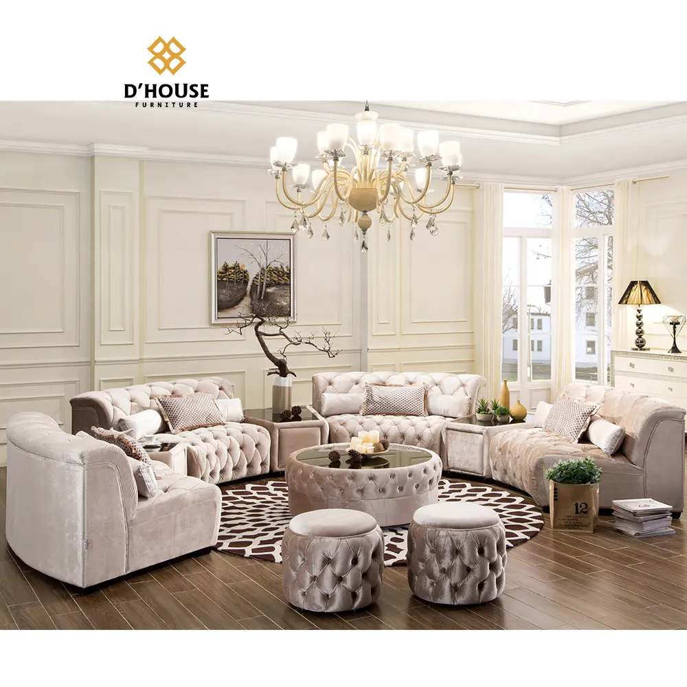 Luxury designer Italian modern button velvet fabric upholstered curved half round shape corner sofa with ottoman