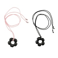 Kalung Rantai Figaro Bunga Lima Kelopak Hitam dengan Tali Merah Muda Elegan, Hadiah Lucu untuk Wanita, Kalung Tali Panjang Sederhana