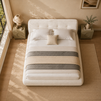 Lit plateforme moderne et écologique en tissu bouclé blanc avec tête de lit arrondie