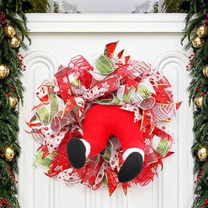 Guirlandes de Noël artificielles Grinch Thief pour porte d'entrée <span class=keywords><strong>et</strong></span> fenêtre extérieure, décorées avec un ruban motif fesses de gnome Père Noël XD2780 - Product Image 1