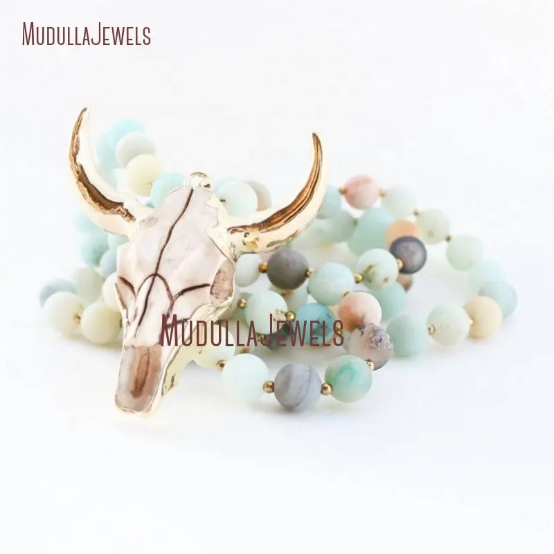 NM11168 Longhorn Skull Necklace Gold Plated Cattle Skull Pendant Necklace OX Head Necklace Cowgirl Jewelry