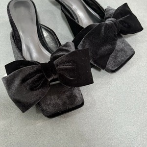 New Style Women's Black Bow-Embellished Square-Toe Open-Toe <b>Low</b>-<b>Heel</b> <b>Stiletto</b> Slide Sandals for Outdoor Wear - Product Image 5