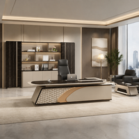 Bureau de direction haut de gamme en forme de L pour PDG, table de bureau artistique avec armoire latérale et éclairage LED pour projets d'entreprise