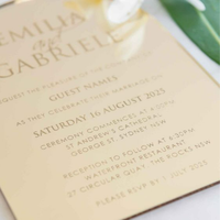 Enveloppes d'invitation de mariage personnalisées en velours beige, en plexiglas transparent givré, en acrylique, cartes RSVP dorées, impression dorée sur feuille pour