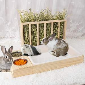 Mangeoire à foin pour lapin avec bac à litière Mangeoire à foin en bois avec 2 bols et bac à litière pour cochon d'Inde Bac à litière pour lapin avec mangeoire à foin - Product Image 3