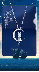 Collar con Colgante de Media <span class=keywords><strong>Luna</strong></span> y Piedra Lunar, Cadena Cruzada de Cobre Plateada en Oro y Plata, con Diseño de Gato Adorable - Product Image 2