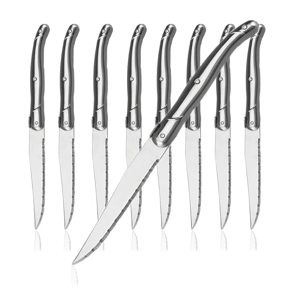 Conjunto de faca de bife em aço inoxidável, venda quente, 8 peças, louças de aço inoxidável, borda serrilhada, laguiole afiada, conjunto de faca de bife