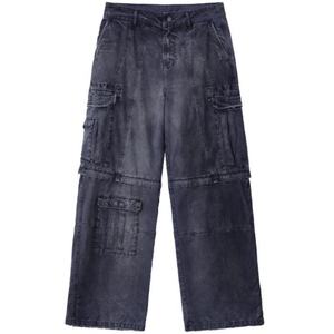 Custom Low MOQ Streetwear Dirty Washed Dark Wash <b>Wide</b>-<b>leg</b> High Street <b>Cargo</b> Jeans for Men-Summer Autumn Spring - Product Image 2