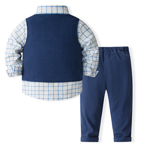 Catpapa – Ensemble 4 pièces pour garçons : Chemise à carreaux, <span class=keywords><strong>gilet</strong></span> bleu foncé, pantalon et nœud papillon – Tenue de mariage pour enfant - Product Image 2