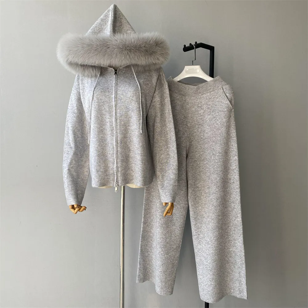 Winter Fall Wide Leg Pants Elegant Wool Knit Hoodie Luxury Real Fox Fur Collar Zipper Cardigan Two Piece Sweater Set for Women