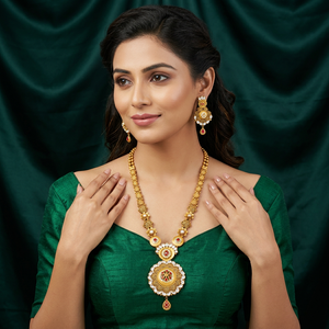Indian Traditional 22K Gold Long <b>Necklace</b> <b>Set</b> Floral Pendant Jhumka <b>Earrings</b> <b>Bridal</b> Wedding Fine Jewelry <b>Set</b> For Women - Product Image 6