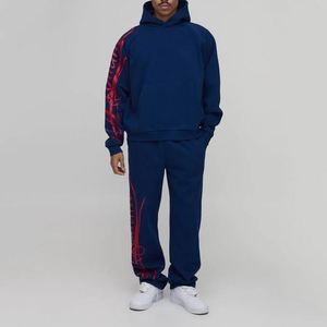 Navy Red <b>Gothic</b> Script <b>Hoodie</b> Sweatpants Side Print Custom Men Two Piece Tracksuit - Product Image 1