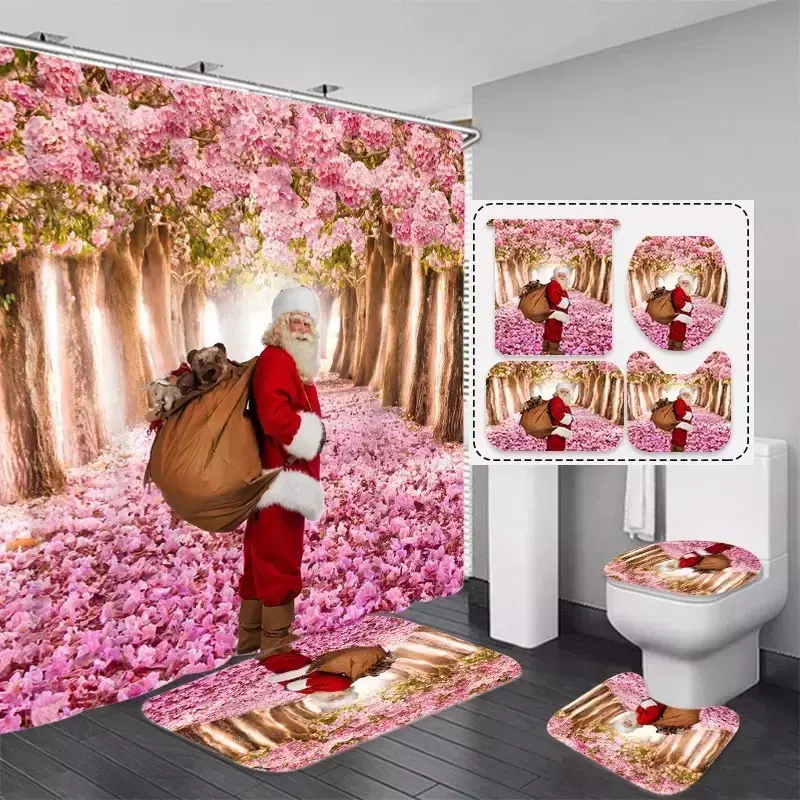 High Quality Polyester Designer 3D Printing Luxury Christmas Bathroom Shower Curtain 4 Pieces Set with hooks