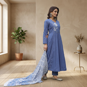 Robe Abaya bleue à col en V, longue, maxi, en denim, ethnique, pour femmes, style bohème, décontractée, automne, été, printemps, en coton naturel, coupe ample, OEM - Product Image 3