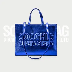 OEM Add Customized Embossing Logo Luxury Shiny Metallic Leather Square Tote Bag For Women