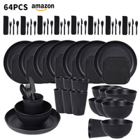 Ensemble de vaisselle en paille de blé noir mat, assiettes, bols, tasses, couverts, écologique, réutilisable, portable, compatible micro-ondes pour la maison et la cuisine