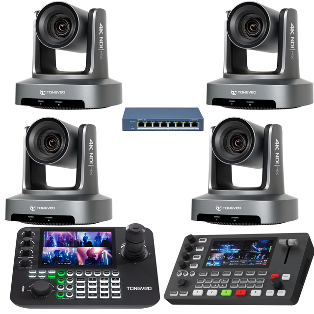 AI Auto Tracking NDI POE 4K Live Streaming PTZ Camera Kits with Video Switcher | 4-Split Screen Joystick Controller | POE Switch