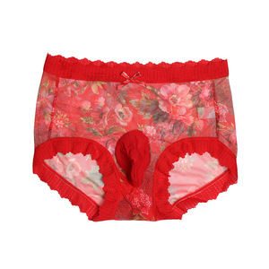 Men Sexy Mesh Underwear With Penis Sleeve Floral Print Mid-Rise Breathable Red - Product Image 5
