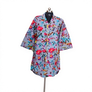 Indian Women's Bohemian Mid-Length Maxi Kimono Shirt Stylish Cotton Tie Belt Button Decoration <b>Sweet</b> Loose Fit - Product Image 1