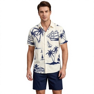 Conjunto de Camisa y Pantalones Cortos de Verano para Hombre, Estampado de Palmeras y Veleros en Azul, Tejido Transpirable de Secado Rápido, 140g - Product Image 1