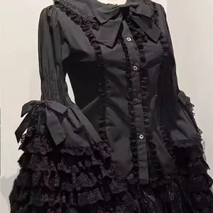 Chemise pour femme de style Lolita, col <span class=keywords><strong>Peter</strong></span> <span class=keywords><strong>Pan</strong></span>, manches évasées, dentelle, nœud, volants, blanc uni, coton polyester, printemps-été, surdimensionnée - Product Image 6