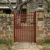 Portail de clôture en acier galvanisé à chaud et thermolaqué, style Héritage, avec finition décorative en fonte, à feuille unique, pour entrée de site historique