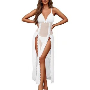 Lencería Sexy, Vestido Largo Transparente, Body de Encaje con Abertura Alta, para Mujer, en Negro, Rojo, Blanco y Borgoña, de Chifón y Fibra de Poliéster - Product Image 2