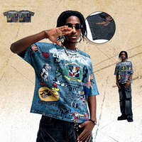 T-shirt vintage Lawfoo en coton respirant, coupe ample, imprimé intégral style dessin animé américain, effet vieilli, manches courtes