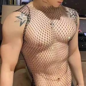 Débardeur en nylon pour homme, orné de strass, style maille filet, séchage rapide, transparent, coupe <span class=keywords><strong>musclée</strong></span>, <span class=keywords><strong>sexy</strong></span>, pour club de nuit, Bungee - Product Image 1