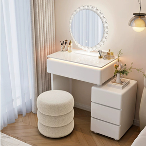 Minimalist Cloud Style Makeup Vanity Combo, LED Edge Lighting Sintered Stone <strong>Top</strong> Dressing <strong>Desk</strong> Round Frilly Mirror 3 Tier <strong>Drawer</strong> - Product Image 2