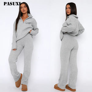 PASUXI <span class=keywords><strong>2026</strong></span> Completo Casual da Donna Personalizzato Due Pezzi Pantaloni a Gamba Dritta <span class=keywords><strong>Top</strong></span> con Zip a Maniche Lunghe Set in Maglia Comodo - Product Image 1