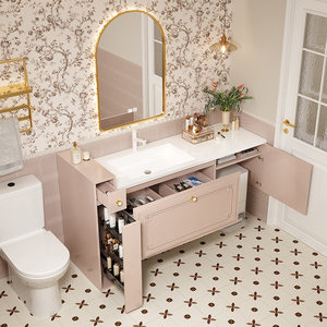 French smart retro <b>pink</b> bathroom cabinet heat-bent integrated storage mirror cabinet solid wood with gold rim - Product Image 4