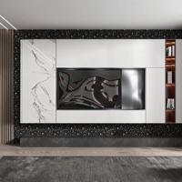 Mueble para TV LED Lacado Minimalista Blanco para Sala de Entretenimiento con Vidrio Gris y Mármol Marrón Oscuro