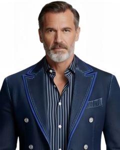 Blazer en jean bleu marine pour homme avec passepoil bleu roi – Veste de costume élégante et formelle au design sur mesure de qualité supérieure - Product Image 5