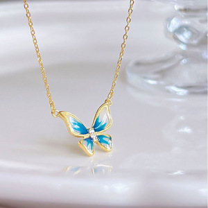 Blue Butterfly Necklace Zinc Alloy Enamel Epoxy Pendant Women's Collarbone Chain Gift Jewelry - Product Image 2