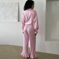 RUIYI Sommer Herbst Winter Romantische Pyjamas Rosa Kariert Gerüschter Langarm-Cardigan Spitzenhose Zweiteiliges Set Weich Atmungsaktiv