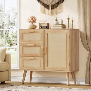 Gabinete de almacenamiento decorativo para muebles de sala de estar de estilo moderno con puerta de ratán y estante ajustable de 3 cajones para dormitorio y comedor - Product Image 1