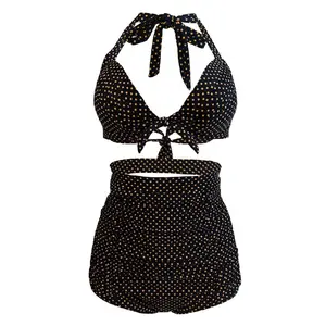 2101-1 大きな胸のための水着、ツーピースの控えめな水着、ハイウエスト水着、レトロなドット柄プラスサイズヴィンテージ水着 - Product Image 1