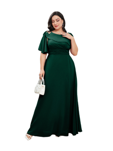 בתוספת נשים ירוק עגול המחשוף צוואר קצר הבקעה שולי שיפון שמלת שושבינה עם עיצוב כתף אסימטריים - Product Image 1