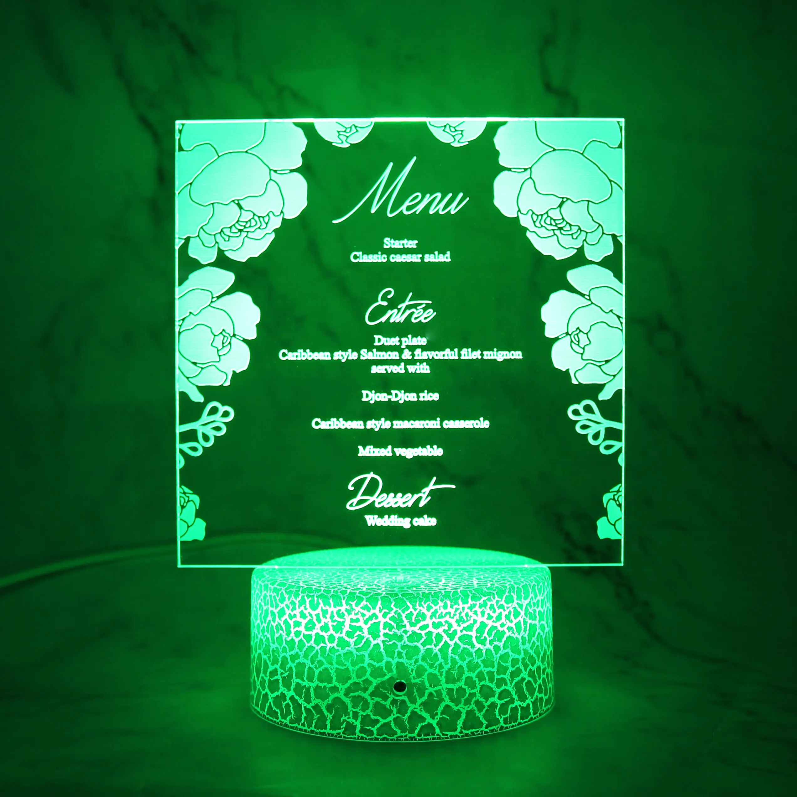 사용자 정의 사각형 모양 꽃 디자인 LED 아크릴 메뉴 럭셔리 바 결혼식 수제 레스토랑 음식 아크릴 메뉴 카드