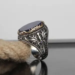 Xifeng Sieraden Turks Design Groot Formaat Zwart Agaat Edelsteen Mode Mannelijke Verstelbare Zilveren 925 Ringen Man