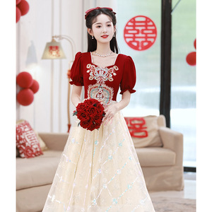 Red Wedding Dress Empire Waist Sweetheart Neckline Ball Gown Long Mesh Contrast Color 3D Patterns Engagement Evening Gown - Product Image 3