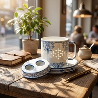 Ensemble de thé en porcelaine fine de style chinois de qualité supérieure, 3 pièces, avec infuseur à thé, plateau et motif floral translucide, pour le bureau professionnel