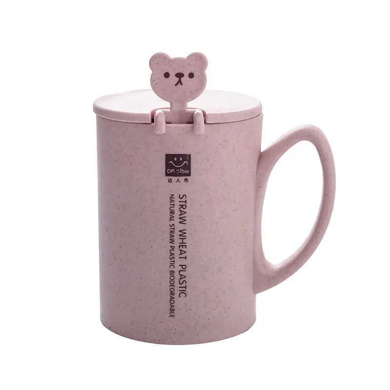 Reusable high-quality wheat straw mug eco friendly and durable coffee cup with cat shaped spoon and handle wheat fiber water cup