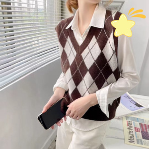 <span class=keywords><strong>Chaleco</strong></span> de Punto con Diseño de Diamantes para <span class=keywords><strong>Mujer</strong></span>, Primavera y Otoño, Estilo Francés Vintage, Cuello en V, Estilo Holgado, Tejido Dobby - Product Image 1