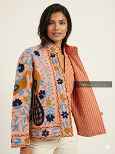 Chaqueta Suzani de Terciopelo Hecha a Mano de Pinksa Fashion |   Abrigo de Invierno Bohemio para Mujer |   Funda de Algodón Ecológica Bordada a Mano Estilo Indio - Product Image 3